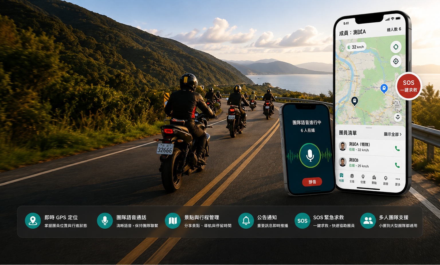 快點旅遊系統 重機車隊、即時 GPS、團隊語音與 SOS 主視覺